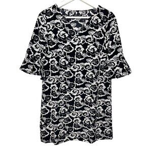 Paris Sunday Floral Bell Sleeve Mini Dress Black White Boho Retro Style XS